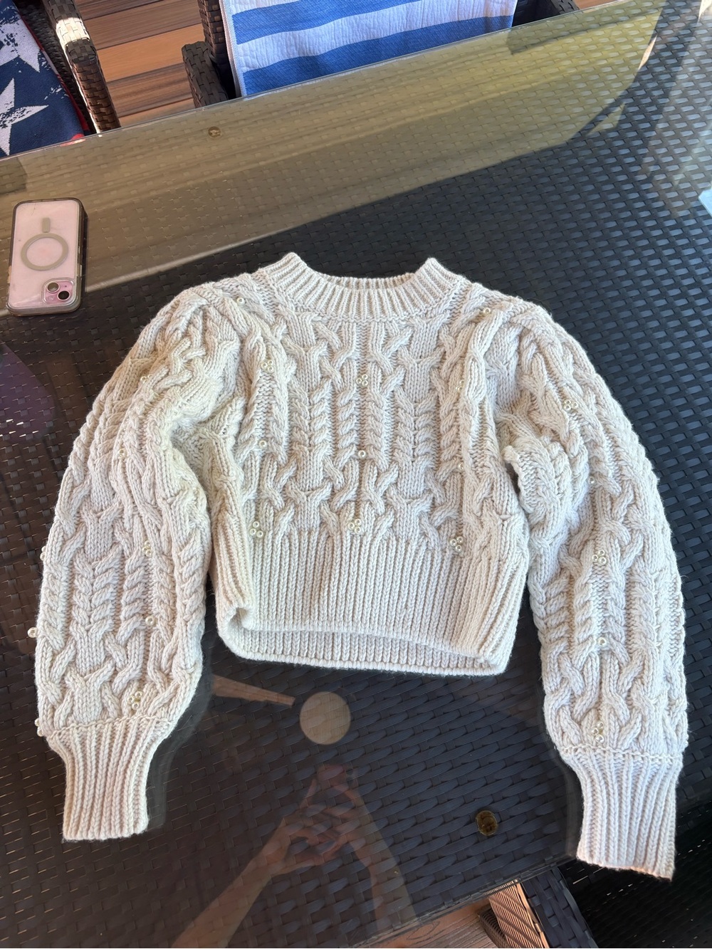 Zara Cream Pearl-Embellished Cable-Knit Cropped Sweater
